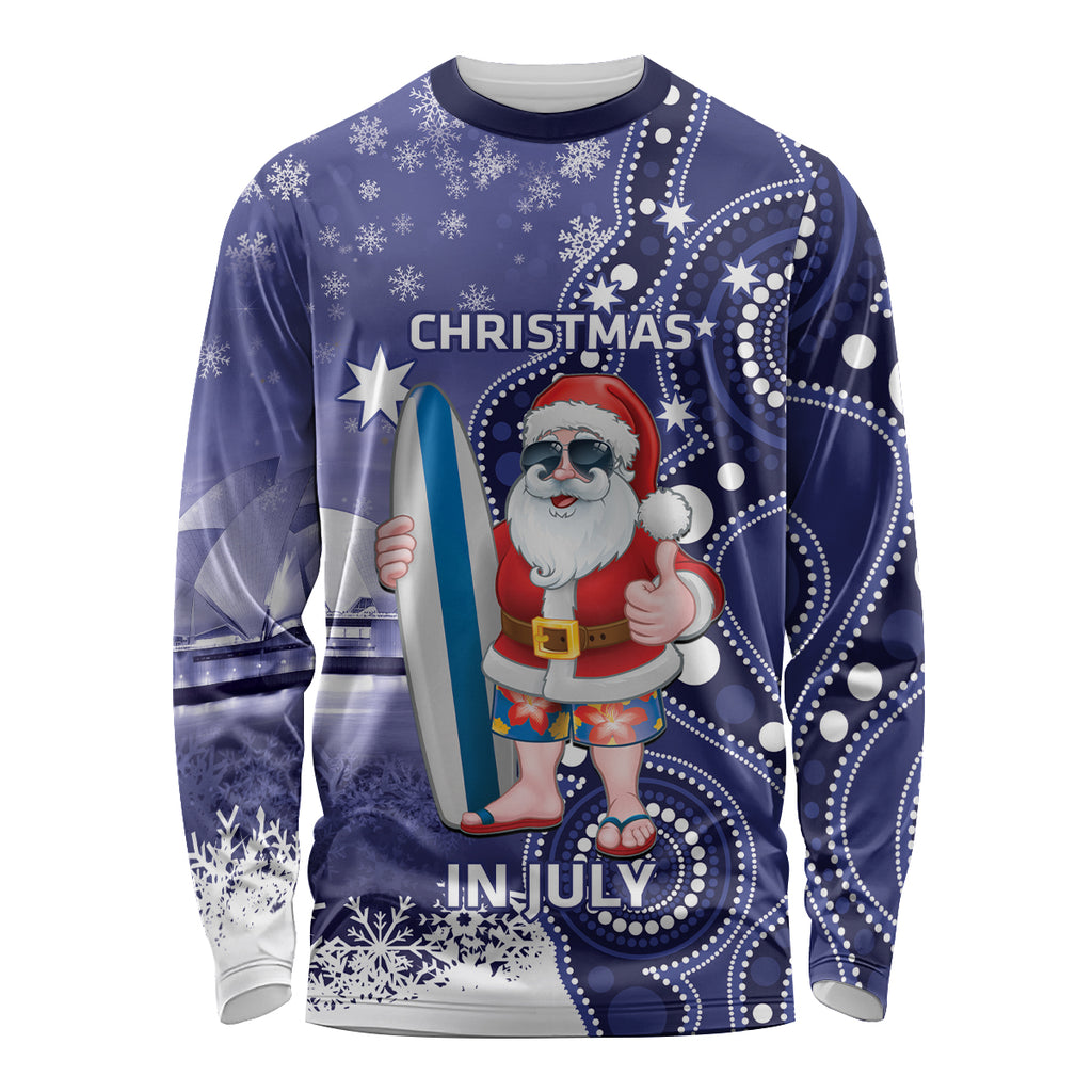 Christmas In July Australia Long Sleeve Shirt Santa Surfboard Sydney Opera House - Blue