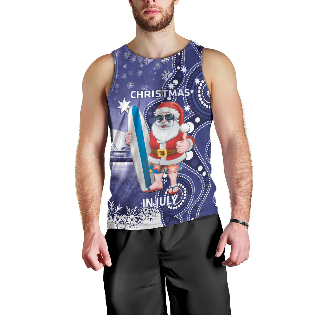 Christmas In July Australia Men Tank Top Santa Surfboard Sydney Opera House - Blue