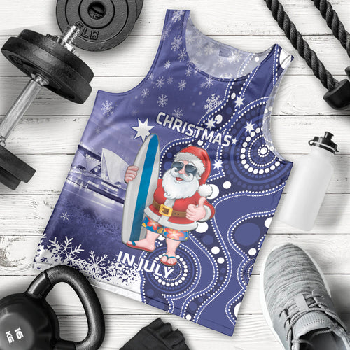 Christmas In July Australia Men Tank Top Santa Surfboard Sydney Opera House - Blue