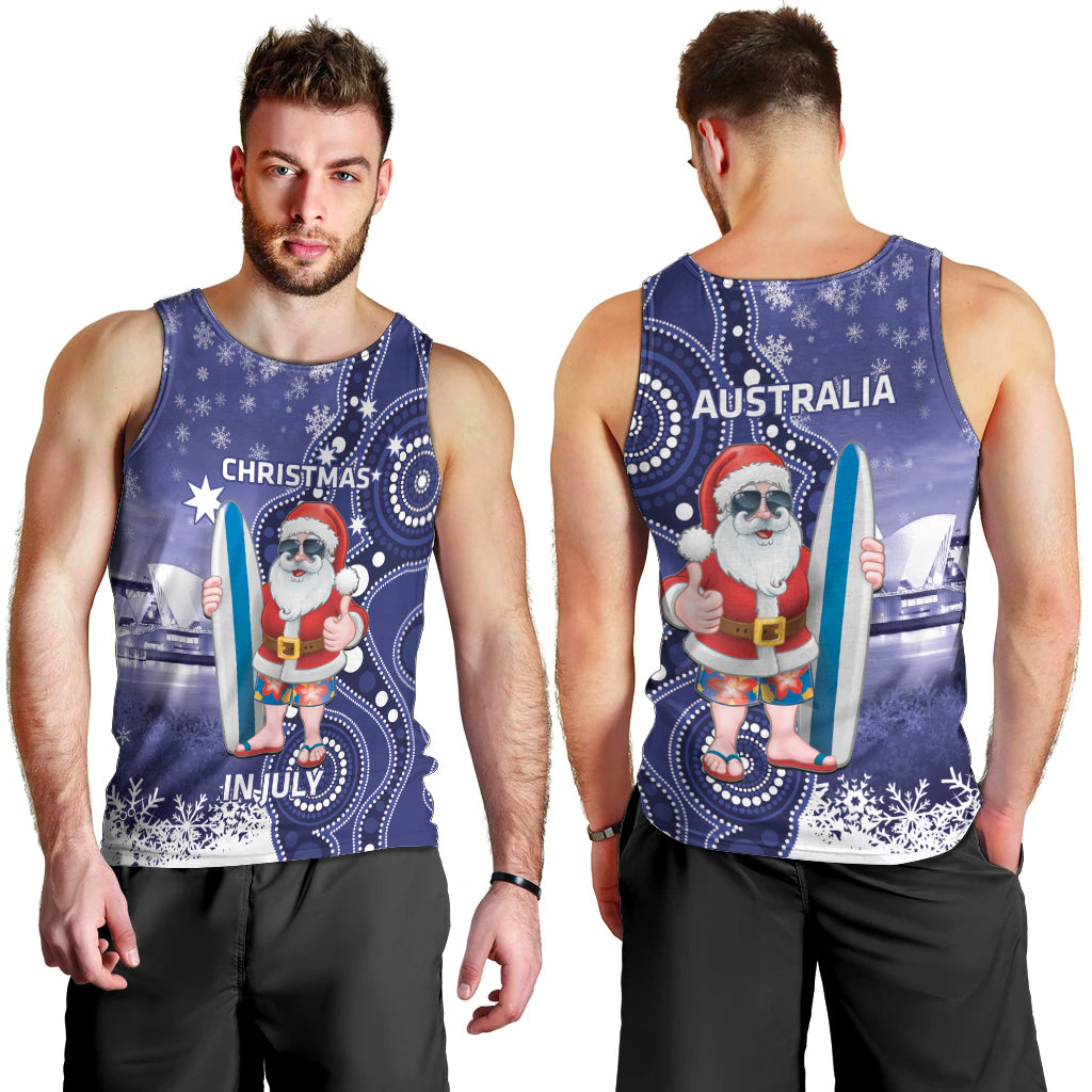 Christmas In July Australia Men Tank Top Santa Surfboard Sydney Opera House - Blue