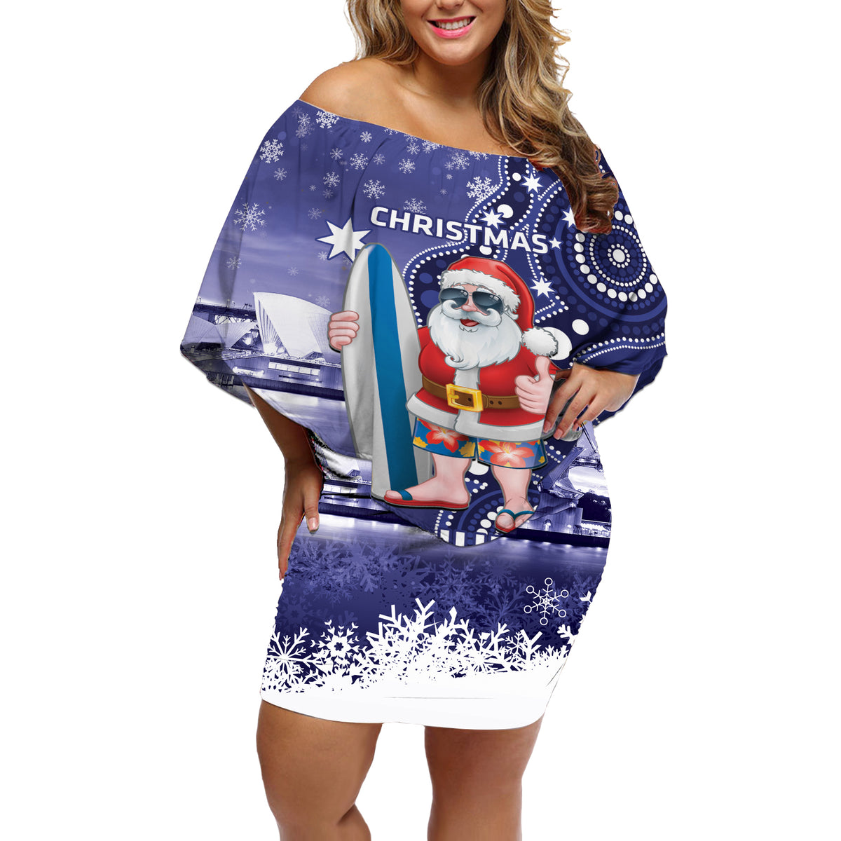 Christmas In July Australia Off Shoulder Short Dress Santa Surfboard Sydney Opera House - Blue