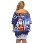 Christmas In July Australia Off Shoulder Short Dress Santa Surfboard Sydney Opera House - Blue