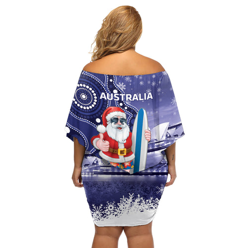 Christmas In July Australia Off Shoulder Short Dress Santa Surfboard Sydney Opera House - Blue
