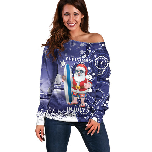 Christmas In July Australia Off Shoulder Sweater Santa Surfboard Sydney Opera House - Blue