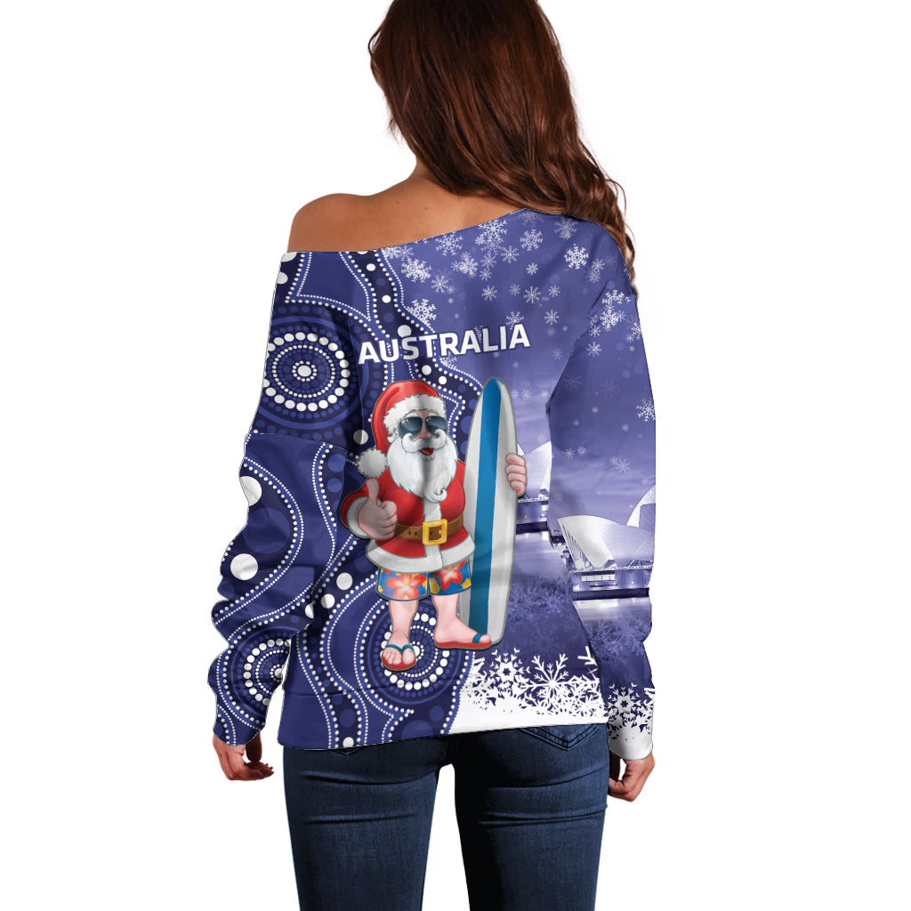Christmas In July Australia Off Shoulder Sweater Santa Surfboard Sydney Opera House - Blue