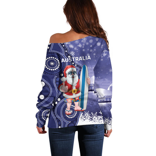 Christmas In July Australia Off Shoulder Sweater Santa Surfboard Sydney Opera House - Blue