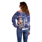 Christmas In July Australia Off Shoulder Sweater Santa Surfboard Sydney Opera House - Blue