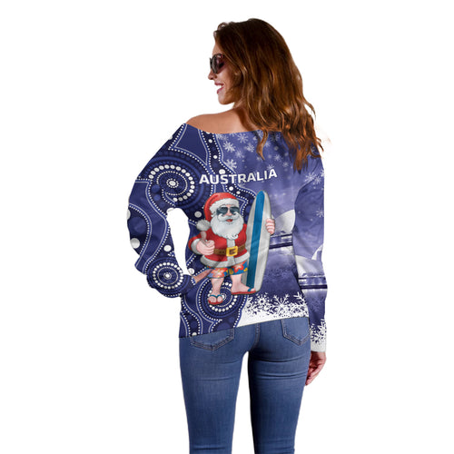 Christmas In July Australia Off Shoulder Sweater Santa Surfboard Sydney Opera House - Blue