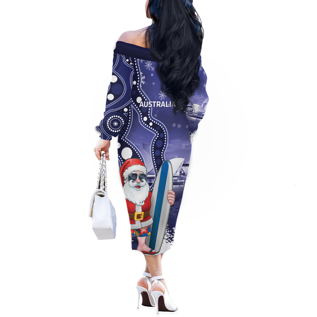 Christmas In July Australia Off The Shoulder Long Sleeve Dress Santa Surfboard Sydney Opera House - Blue