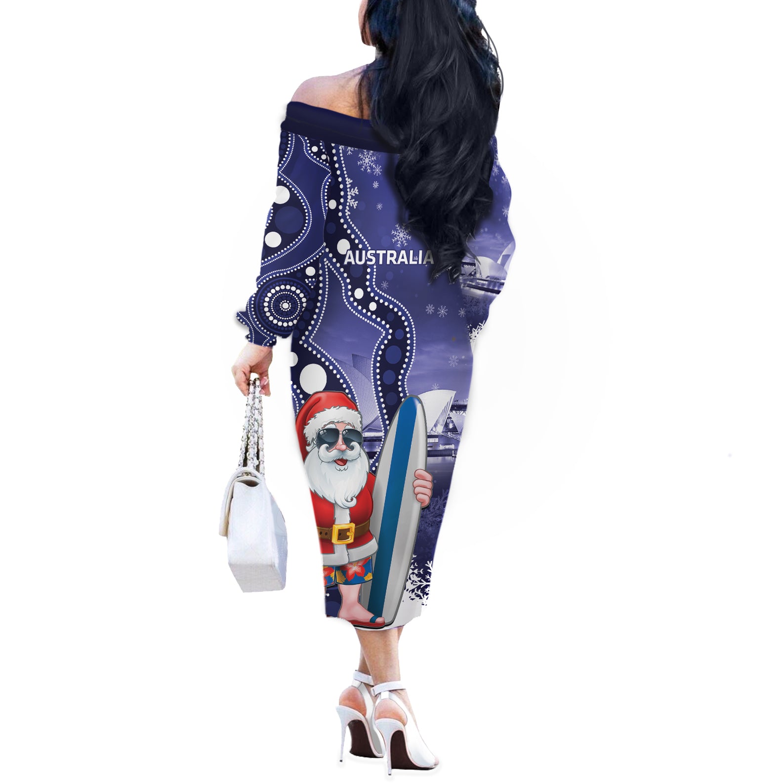 Christmas In July Australia Off The Shoulder Long Sleeve Dress Santa Surfboard Sydney Opera House - Blue