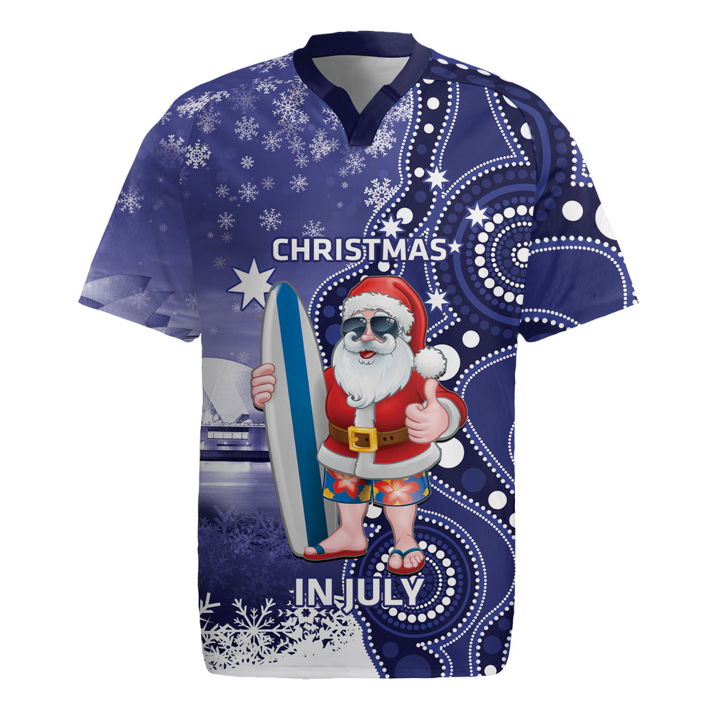 Christmas In July Australia Rugby Jersey Santa Surfboard Sydney Opera House - Blue