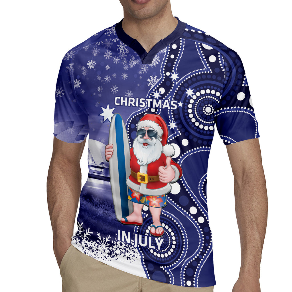 Christmas In July Australia Rugby Jersey Santa Surfboard Sydney Opera House - Blue
