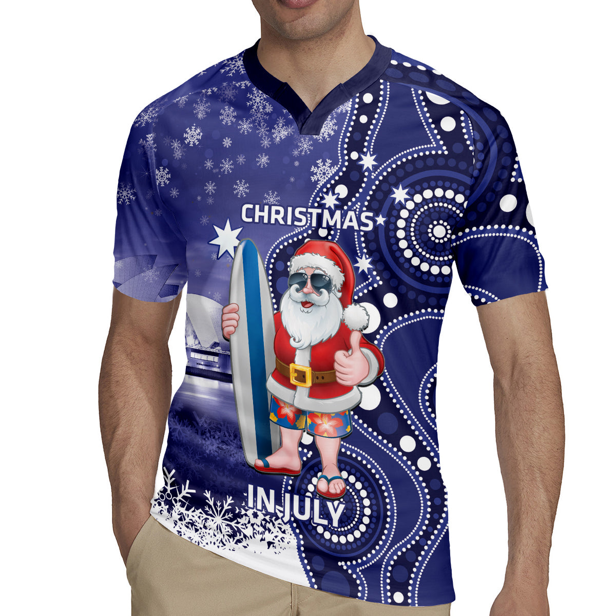 Christmas In July Australia Rugby Jersey Santa Surfboard Sydney Opera House - Blue