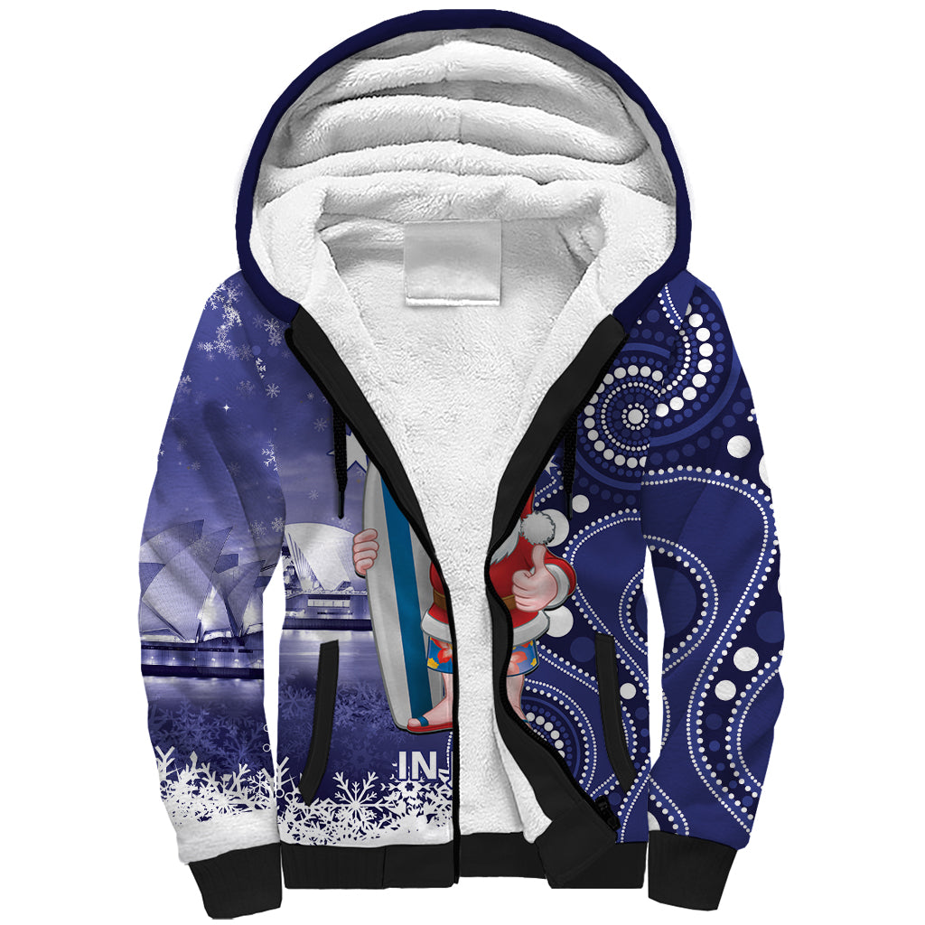 Christmas In July Australia Sherpa Hoodie Santa Surfboard Sydney Opera House - Blue
