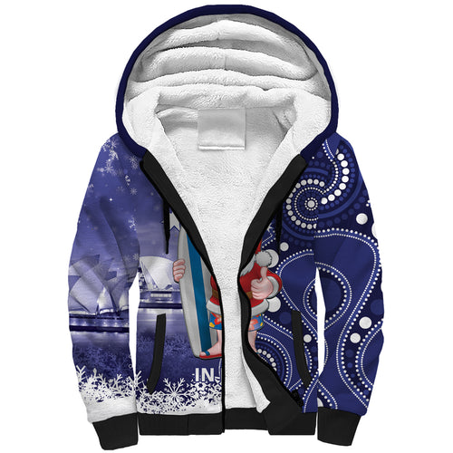 Christmas In July Australia Sherpa Hoodie Santa Surfboard Sydney Opera House - Blue