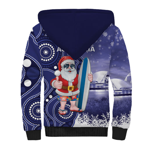 Christmas In July Australia Sherpa Hoodie Santa Surfboard Sydney Opera House - Blue