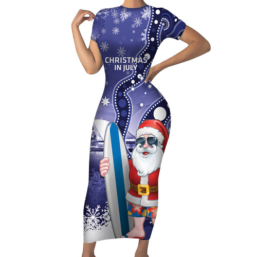 Christmas In July Australia Short Sleeve Bodycon Dress Santa Surfboard Sydney Opera House - Blue