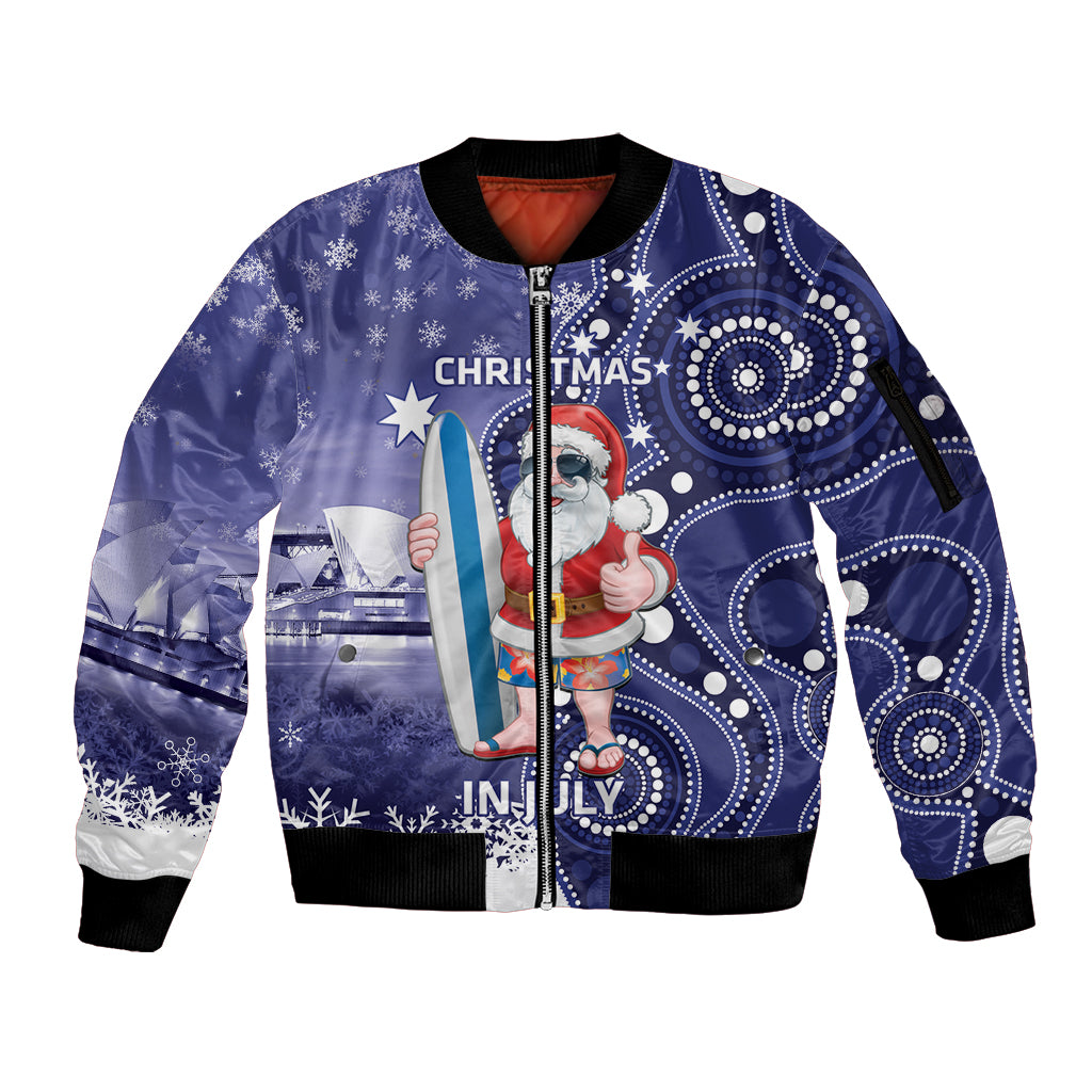 Christmas In July Australia Sleeve Zip Bomber Jacket Santa Surfboard Sydney Opera House - Blue