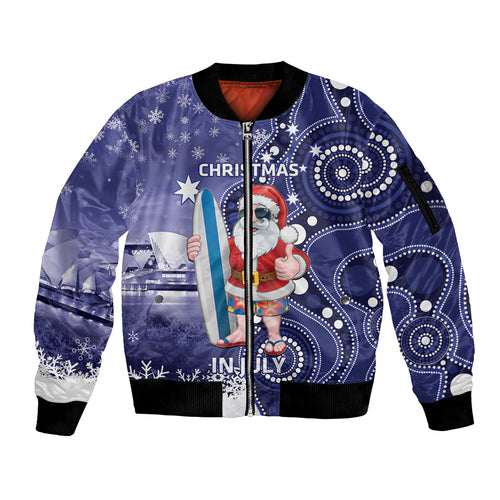 Christmas In July Australia Sleeve Zip Bomber Jacket Santa Surfboard Sydney Opera House - Blue