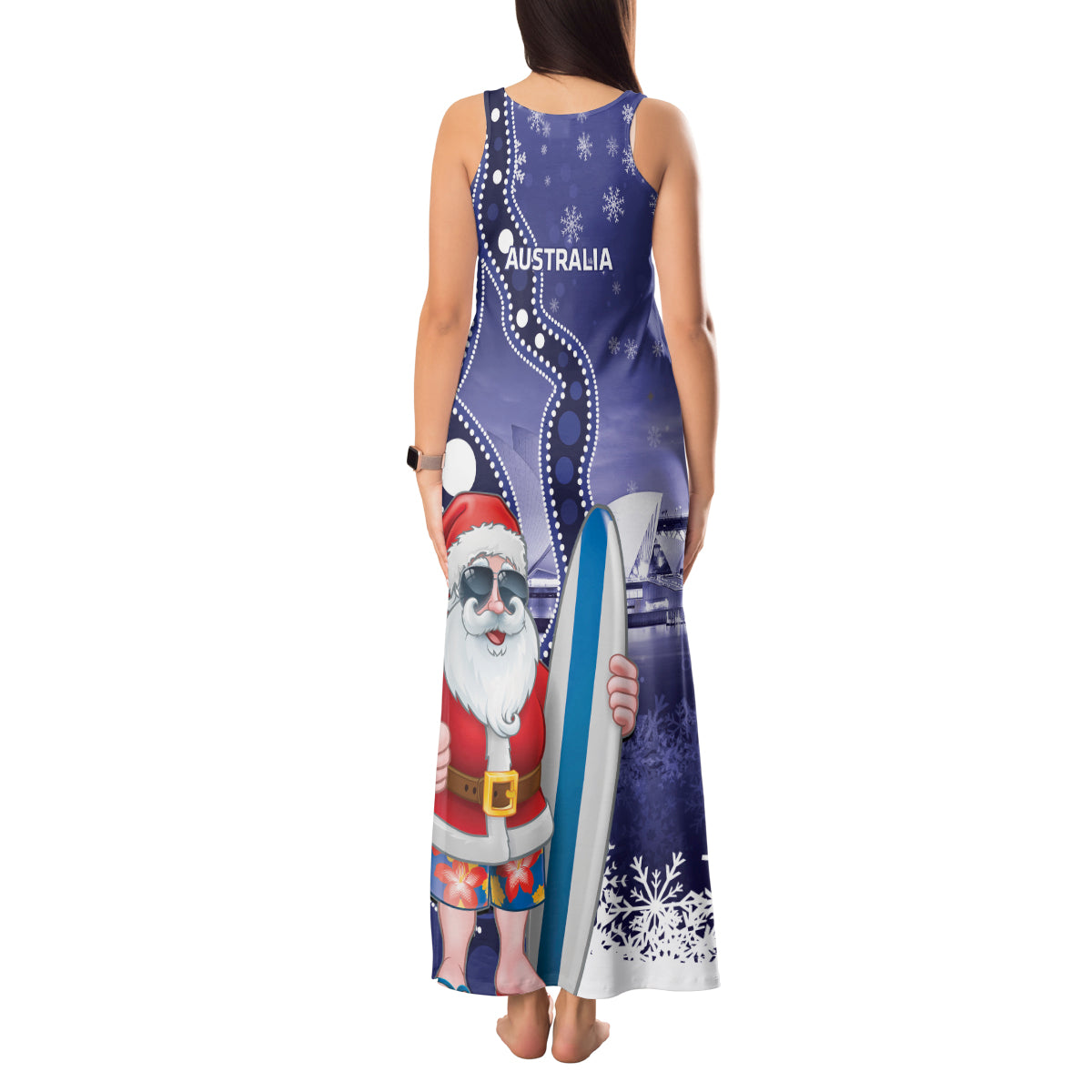 Christmas In July Australia Tank Maxi Dress Santa Surfboard Sydney Opera House - Blue