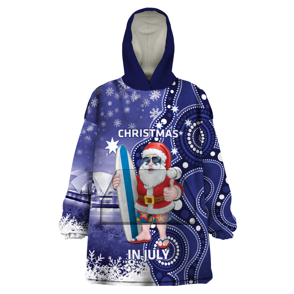 Christmas In July Australia Wearable Blanket Hoodie Santa Surfboard Sydney Opera House - Blue