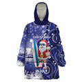 Christmas In July Australia Wearable Blanket Hoodie Santa Surfboard Sydney Opera House - Blue