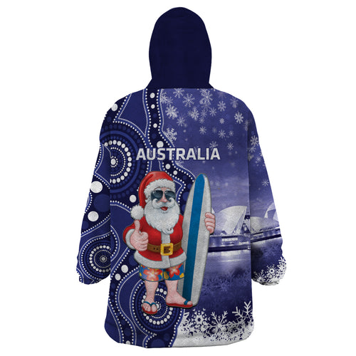 Christmas In July Australia Wearable Blanket Hoodie Santa Surfboard Sydney Opera House - Blue