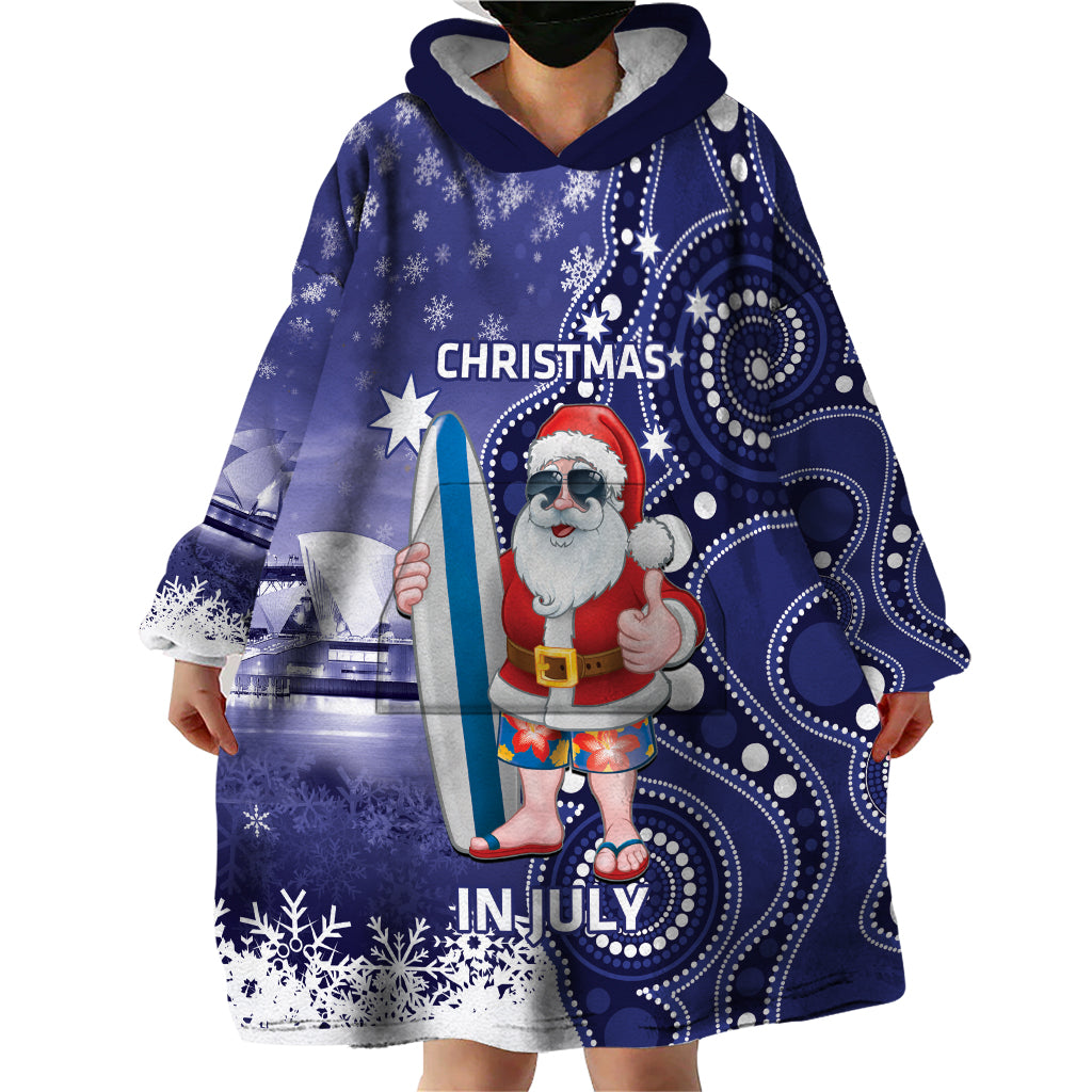 Christmas In July Australia Wearable Blanket Hoodie Santa Surfboard Sydney Opera House - Blue