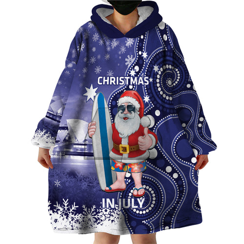 Christmas In July Australia Wearable Blanket Hoodie Santa Surfboard Sydney Opera House - Blue