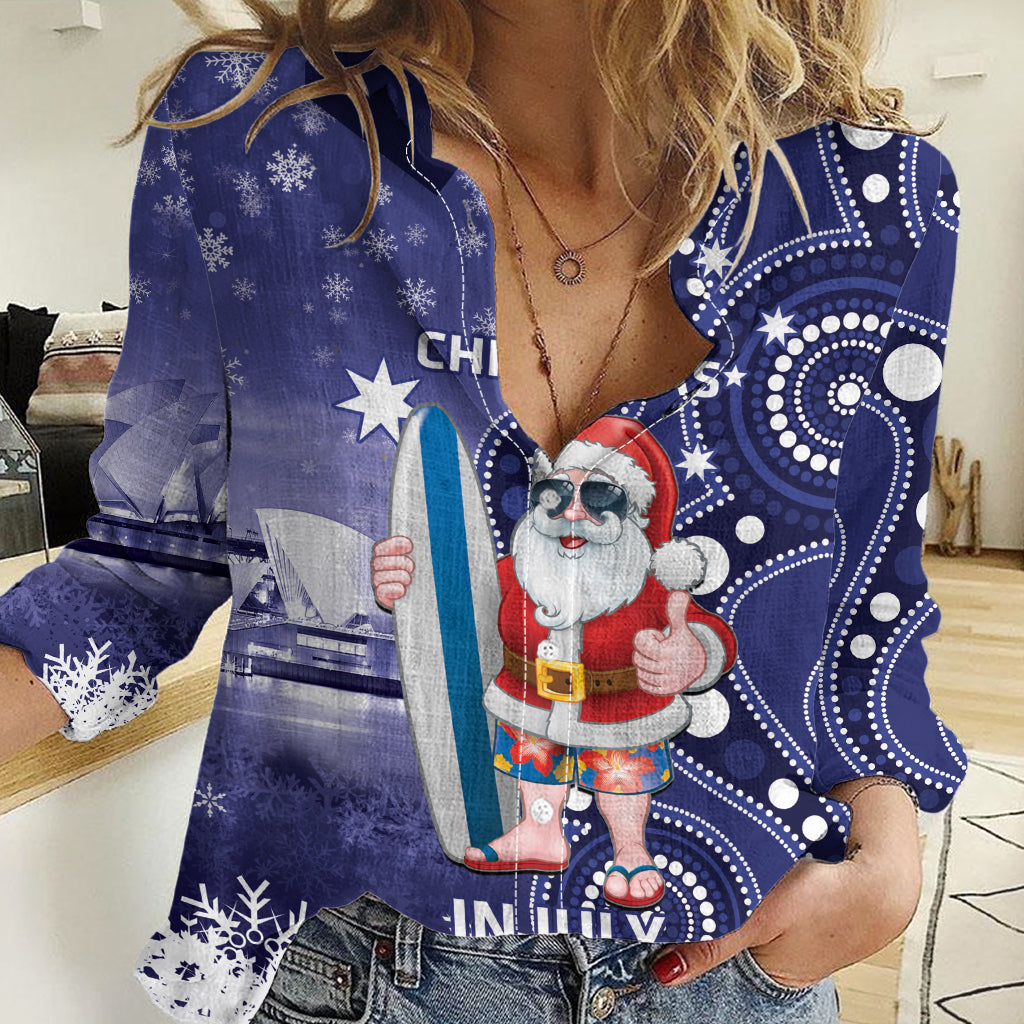 Christmas In July Australia Women Casual Shirt Santa Surfboard Sydney Opera House - Blue