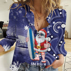 Christmas In July Australia Women Casual Shirt Santa Surfboard Sydney Opera House - Blue