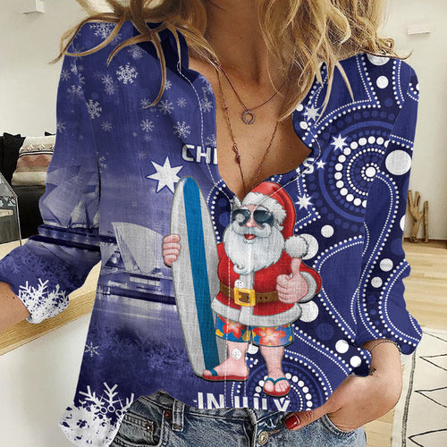 Christmas In July Australia Women Casual Shirt Santa Surfboard Sydney Opera House - Blue