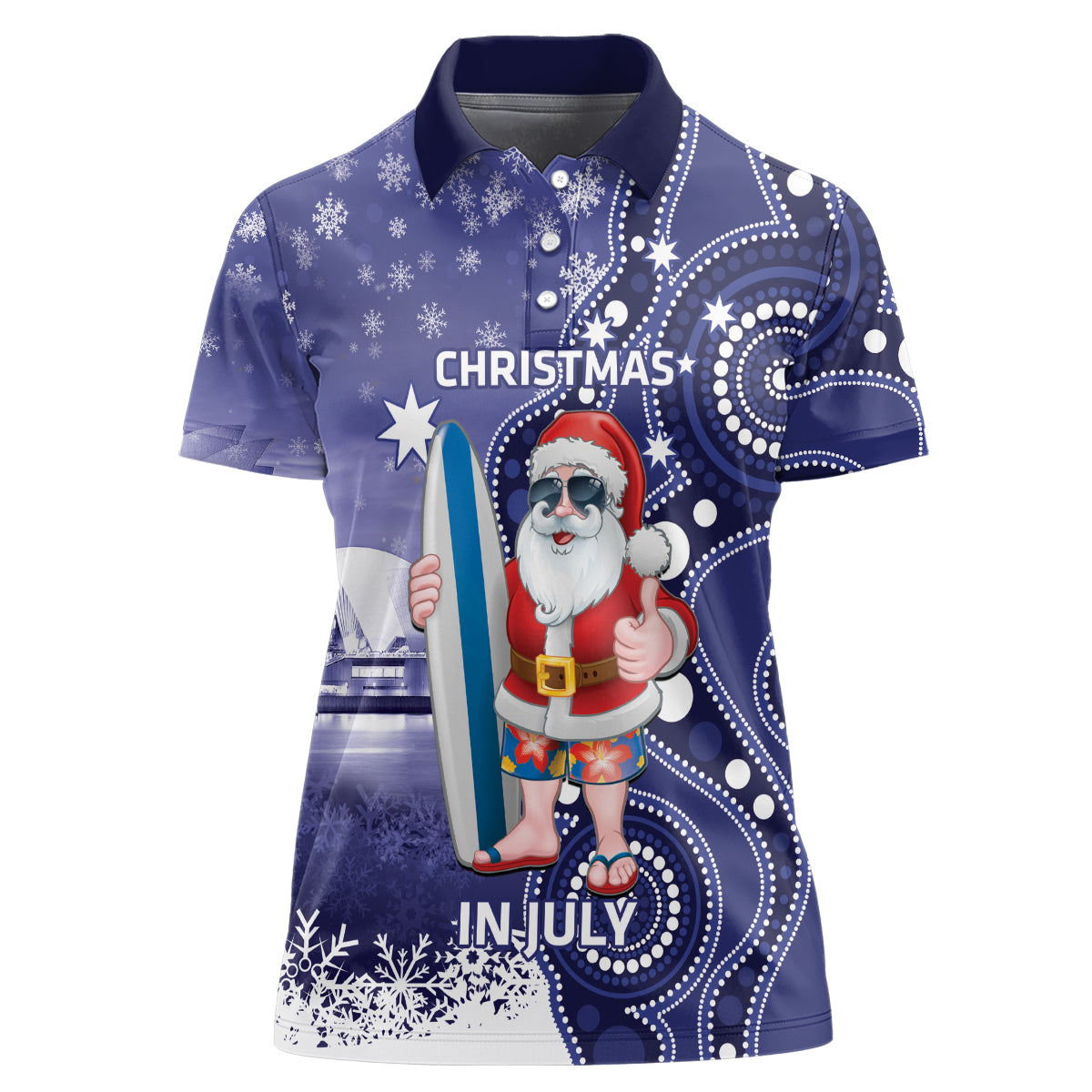 Christmas In July Australia Women Polo Shirt Santa Surfboard Sydney Opera House - Blue