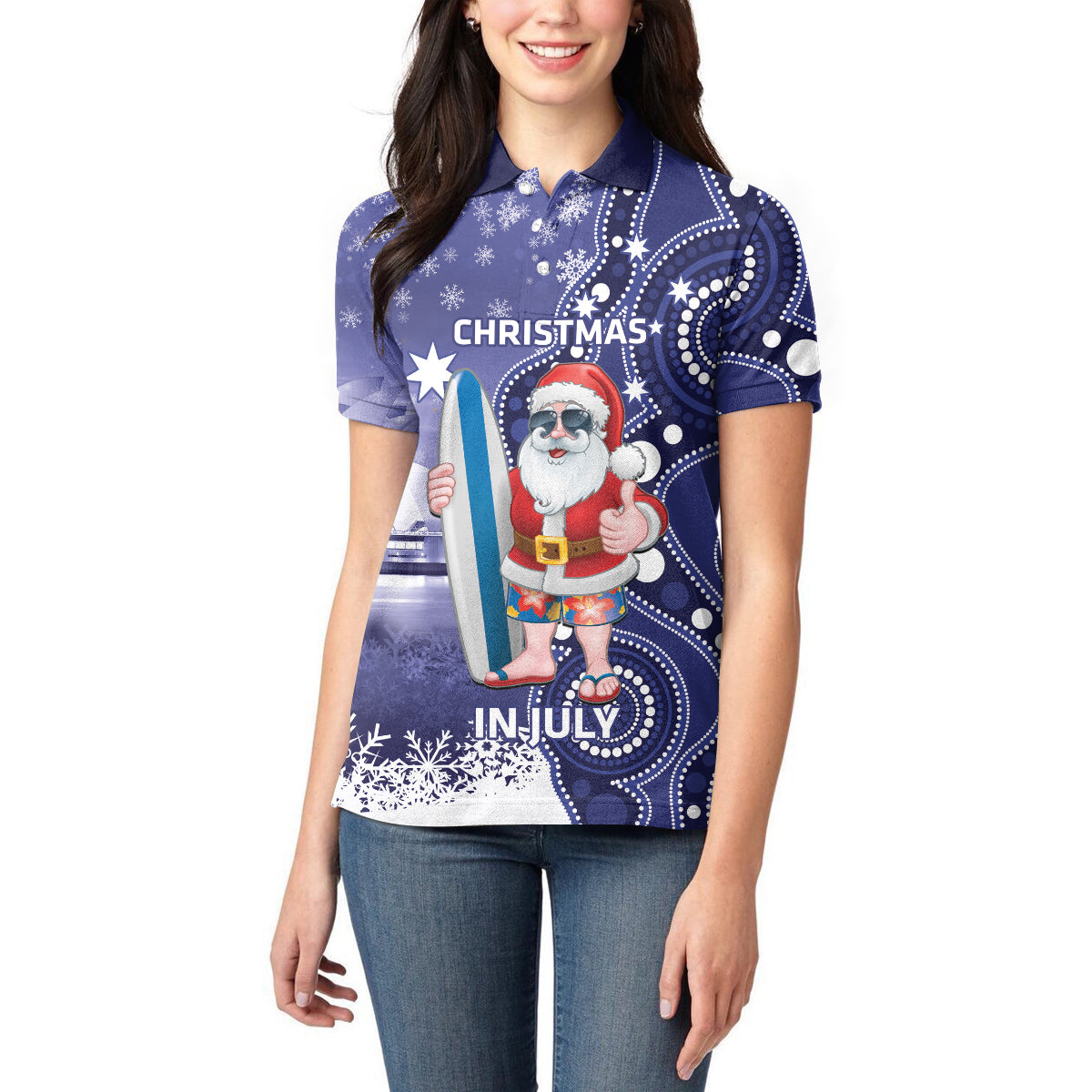 Christmas In July Australia Women Polo Shirt Santa Surfboard Sydney Opera House - Blue