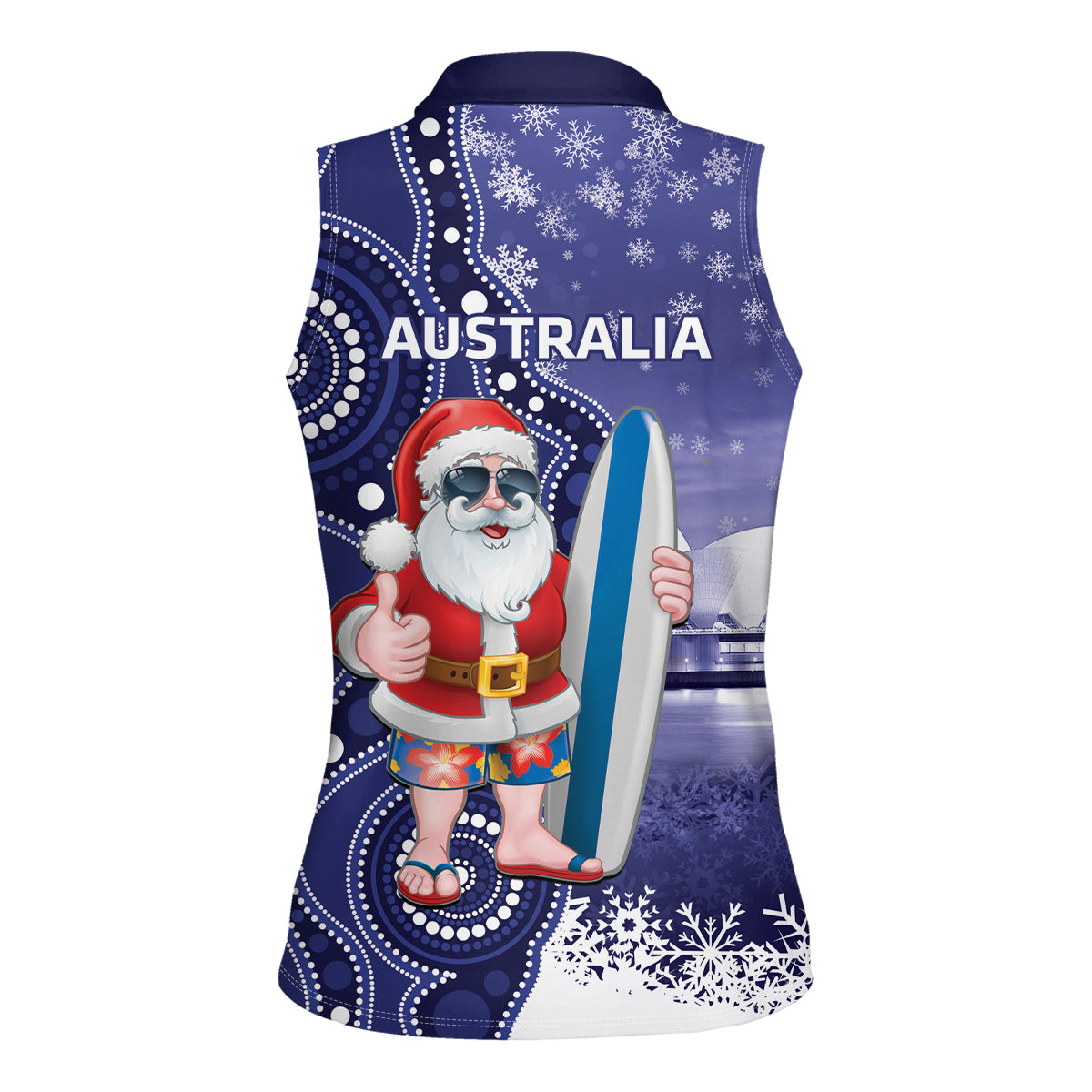Christmas In July Australia Women Sleeveless Polo Shirt Santa Surfboard Sydney Opera House - Blue