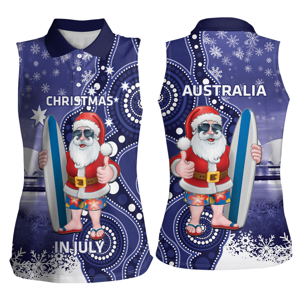 Christmas In July Australia Women Sleeveless Polo Shirt Santa Surfboard Sydney Opera House - Blue