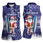 Christmas In July Australia Women Sleeveless Polo Shirt Santa Surfboard Sydney Opera House - Blue