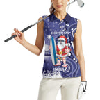 Christmas In July Australia Women Sleeveless Polo Shirt Santa Surfboard Sydney Opera House - Blue