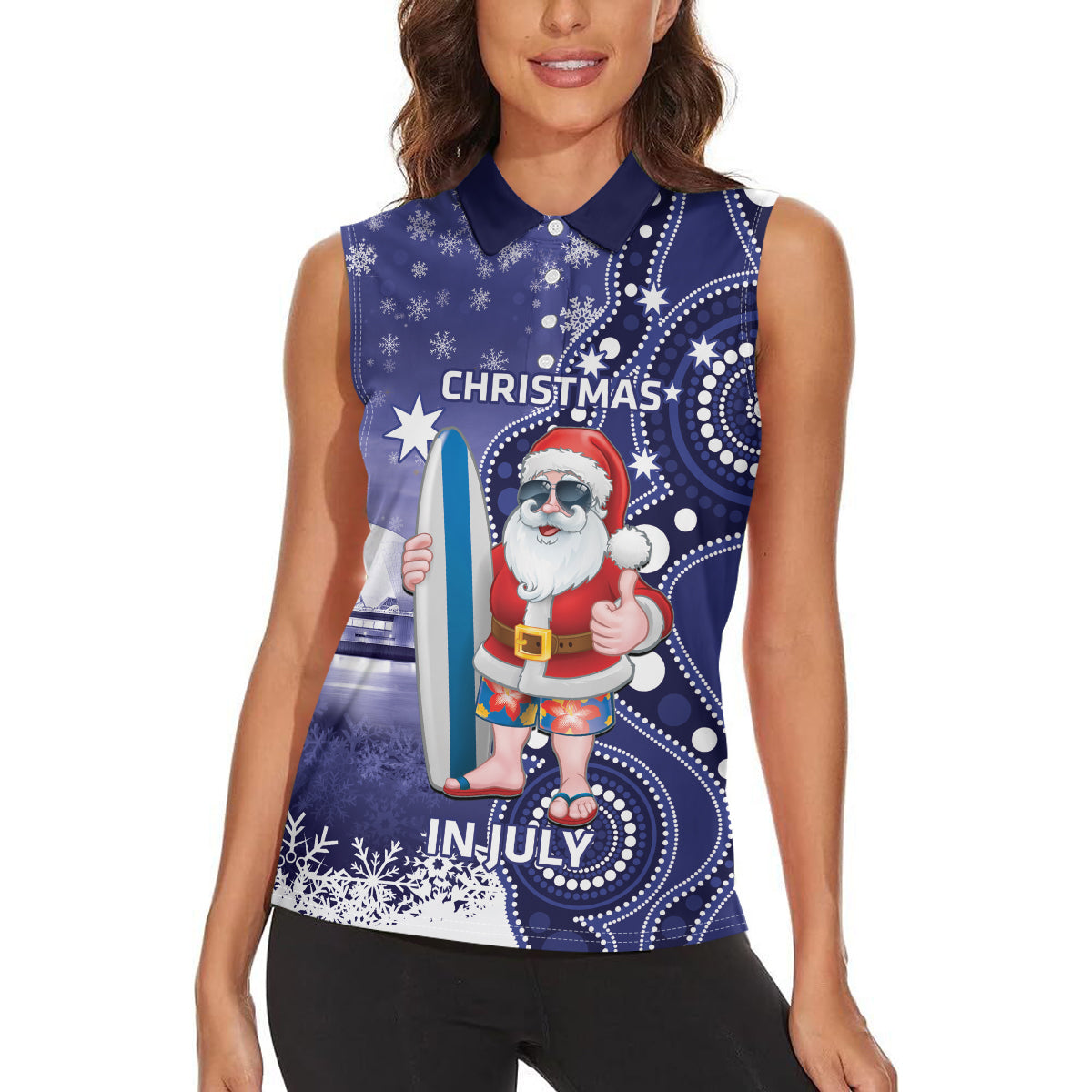 Christmas In July Australia Women Sleeveless Polo Shirt Santa Surfboard Sydney Opera House - Blue