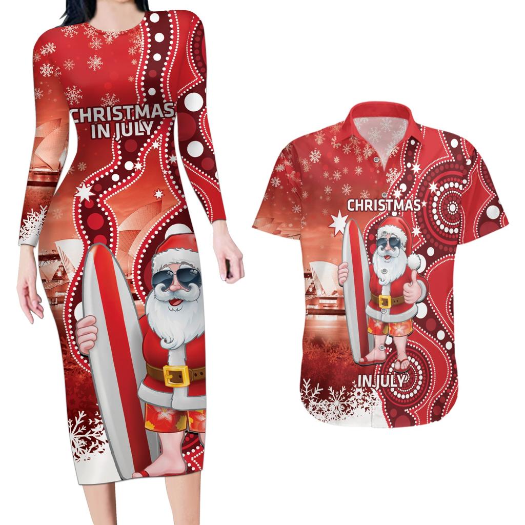 Christmas In July Australia Couples Matching Long Sleeve Bodycon Dress and Hawaiian Shirt Santa Surfboard Sydney Opera House - Red