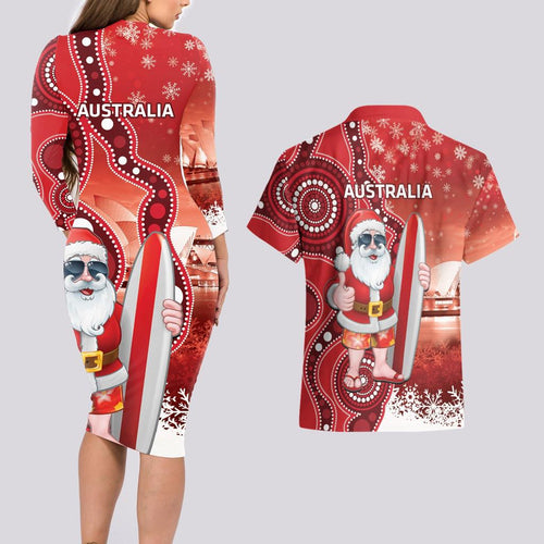 Christmas In July Australia Couples Matching Long Sleeve Bodycon Dress and Hawaiian Shirt Santa Surfboard Sydney Opera House - Red