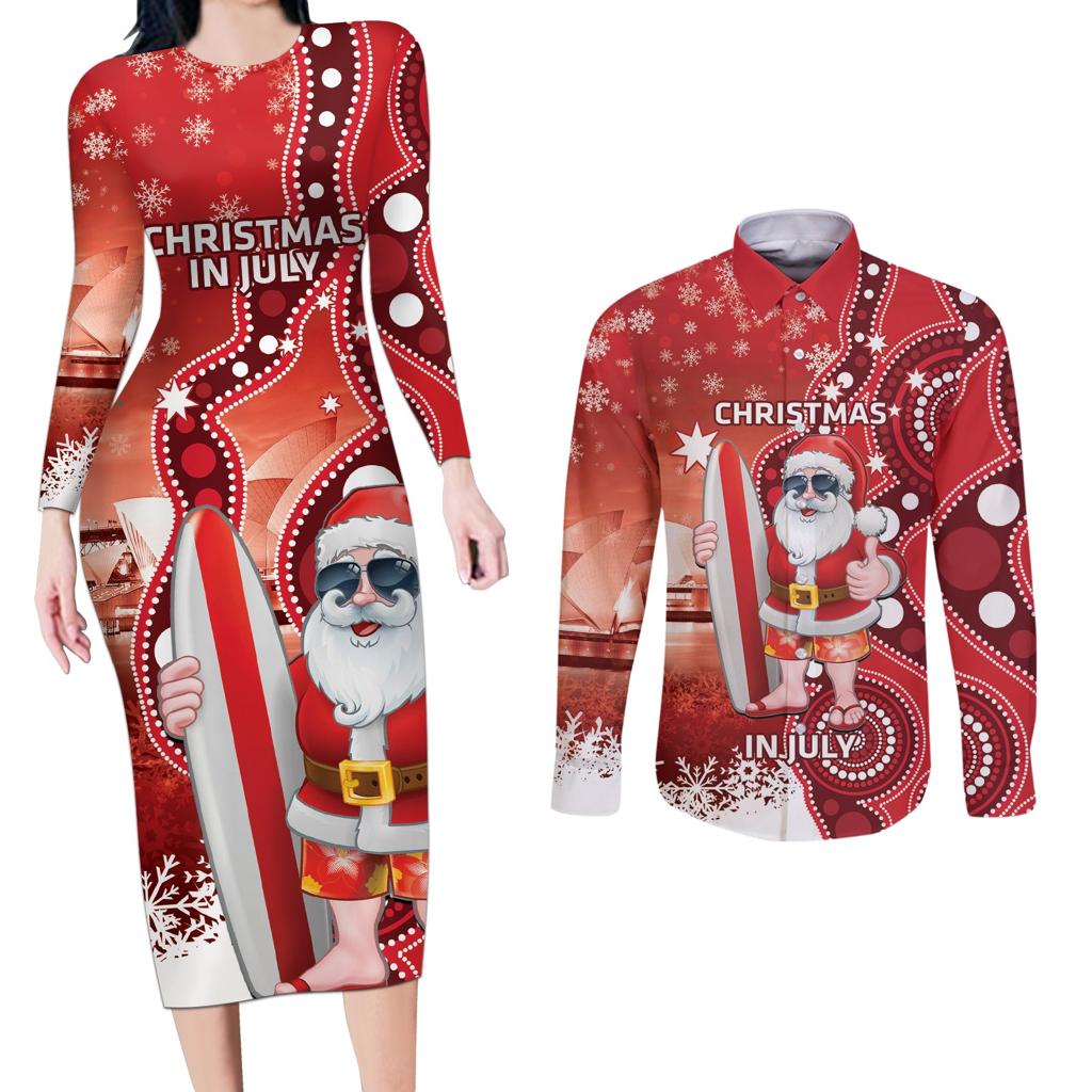 Christmas In July Australia Couples Matching Long Sleeve Bodycon Dress and Long Sleeve Button Shirt Santa Surfboard Sydney Opera House - Red