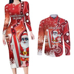 Christmas In July Australia Couples Matching Long Sleeve Bodycon Dress and Long Sleeve Button Shirt Santa Surfboard Sydney Opera House - Red