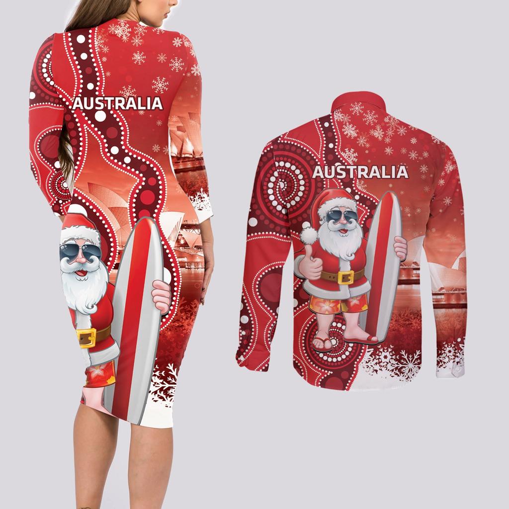 Christmas In July Australia Couples Matching Long Sleeve Bodycon Dress and Long Sleeve Button Shirt Santa Surfboard Sydney Opera House - Red