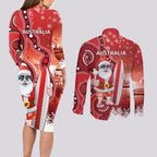 Christmas In July Australia Couples Matching Long Sleeve Bodycon Dress and Long Sleeve Button Shirt Santa Surfboard Sydney Opera House - Red