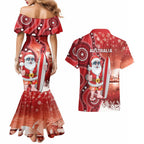 Christmas In July Australia Couples Matching Mermaid Dress and Hawaiian Shirt Santa Surfboard Sydney Opera House - Red