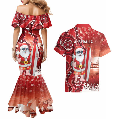 Christmas In July Australia Couples Matching Mermaid Dress and Hawaiian Shirt Santa Surfboard Sydney Opera House - Red