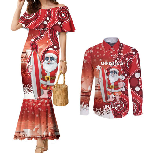 Christmas In July Australia Couples Matching Mermaid Dress and Long Sleeve Button Shirt Santa Surfboard Sydney Opera House - Red