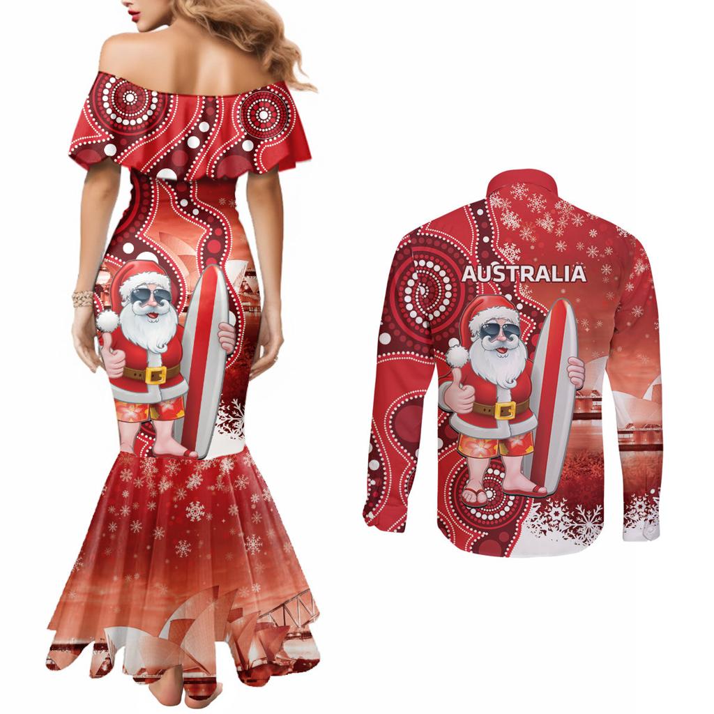 Christmas In July Australia Couples Matching Mermaid Dress and Long Sleeve Button Shirt Santa Surfboard Sydney Opera House - Red