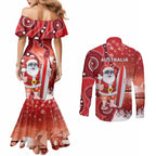 Christmas In July Australia Couples Matching Mermaid Dress and Long Sleeve Button Shirt Santa Surfboard Sydney Opera House - Red